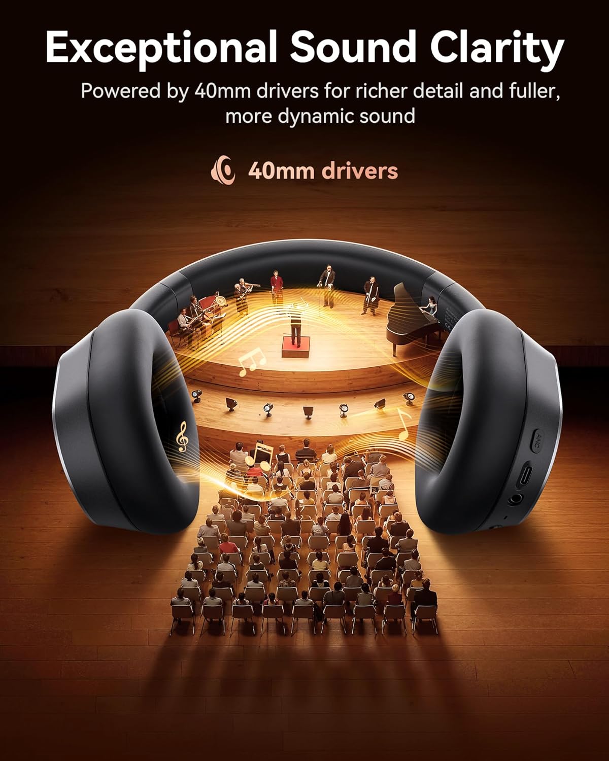 Hybrid Active Noise Cancelling Headphones, 120H Playtime Bluetooth Over Ear Headphones, Bluetooth 6.0 Wireless Headset with Display, 6 ENC Mic, Hi-Res Audio, Transparency Mode for Travel Game Black - Image 6