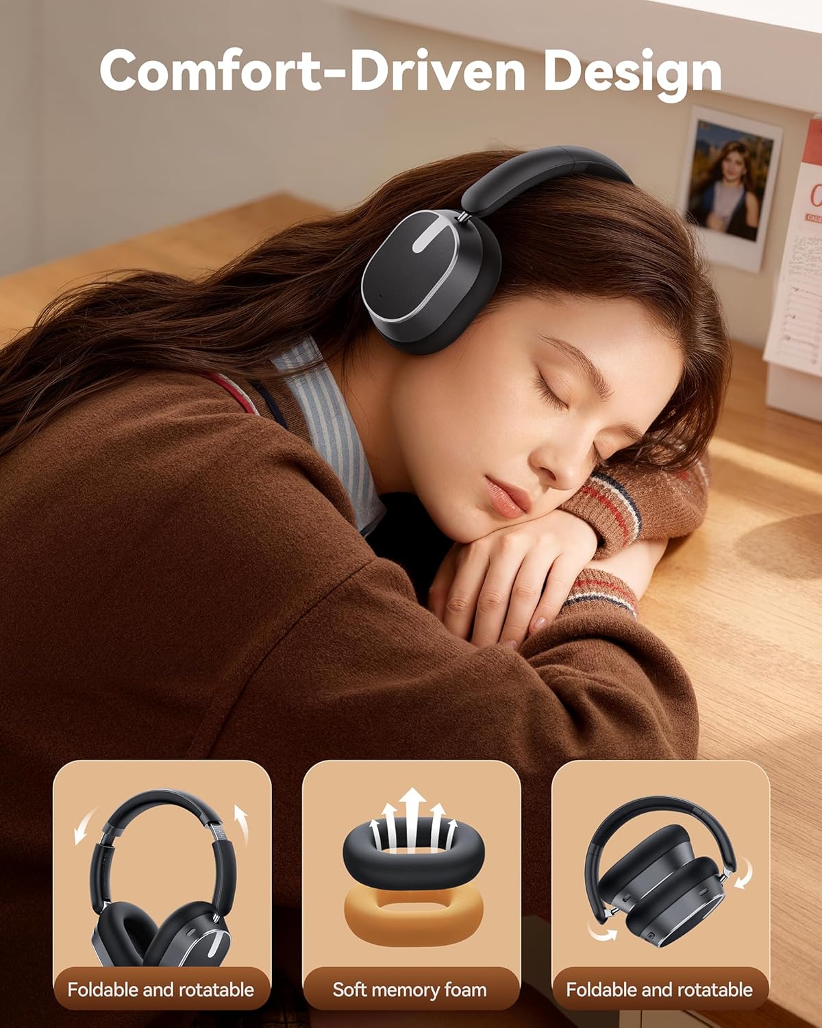 Hybrid Active Noise Cancelling Bluetooth 6.0 Headphones 120H Long Playtime, 6 ENC Mic, Over Ear Headphones Wireless, Hi-Res Audio, Memory Foam Earcup, Transparency Mode ANC Headphone for Travel Office - Image 7